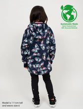 Load image into Gallery viewer, Girl&#39;s Navy pink &amp; purple Butterfly Print waterproof Raincoat. Made from Recycled Materials. Perfect for spring and rainy days.