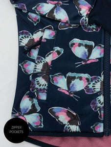 Girl's Navy pink & purple Butterfly Print waterproof Raincoat with zipper pockets.