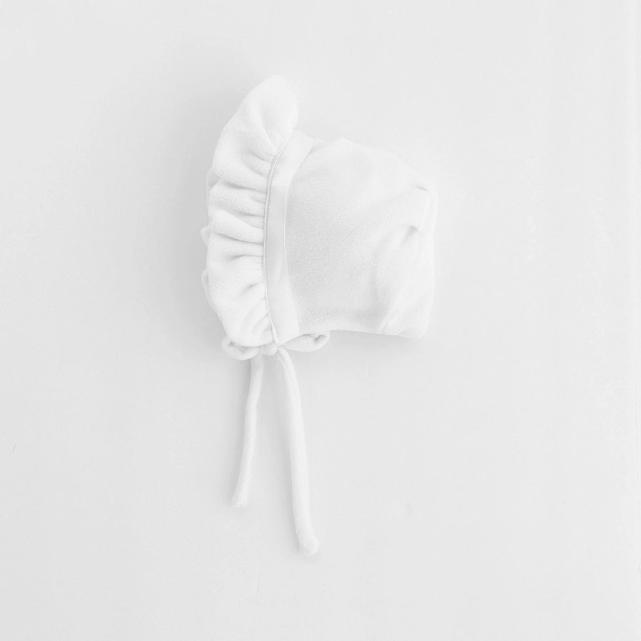 Baby Girls White Ribbon Fleece Bonnet baby hat.
