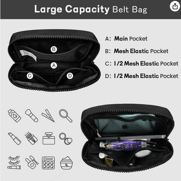Waterproof Cross Body Sling Fanny Pack Belt Bag in Black compartments. - Little Gift Nook
