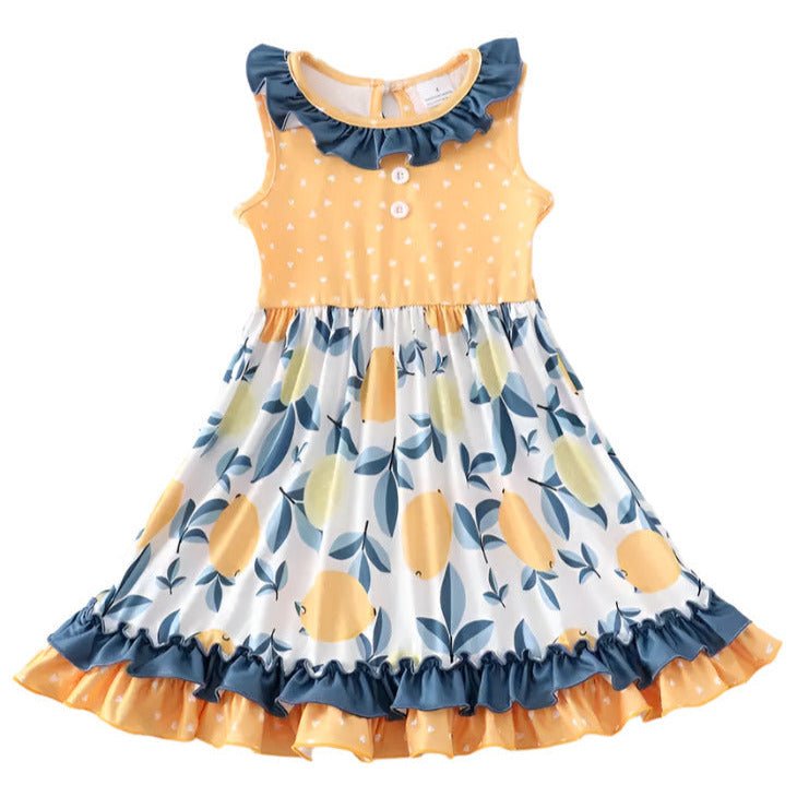 Citrus & Sunshine Lemons Ruffle Twirl Dresses. Yellow sleeveless lemon print twirl dress with navy ruffle accents.- Little Gift Nook