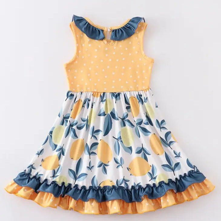 Citrus & Sunshine Lemons Ruffle Twirl Dresses. Back view of yellow navy lemon print twirl dress. - Little Gift Nook