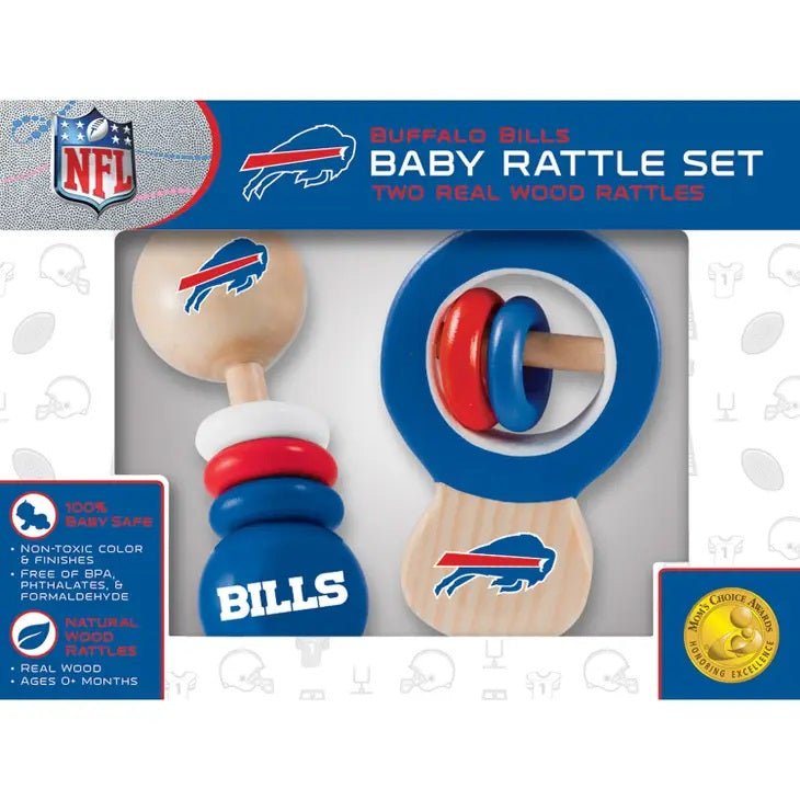 Buffalo Bills NFL Wood Rattle 2-PacK. Wooden rattles with red white blue logo in box. - Little Gift Nook