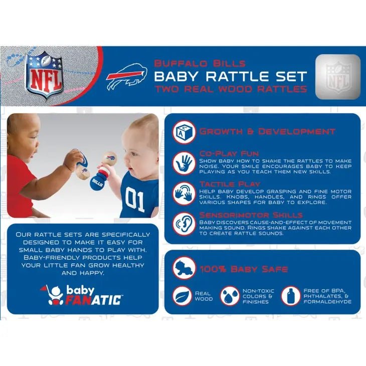 Buffalo Bills NFL Wood Rattle 2-Pack. Back of box with details.- Little Gift Nook