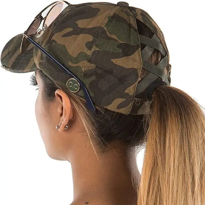 Crisscross High Ponytail Cap Hat with Sunglass Buttons in Camo side back view. - Little Gift Nook