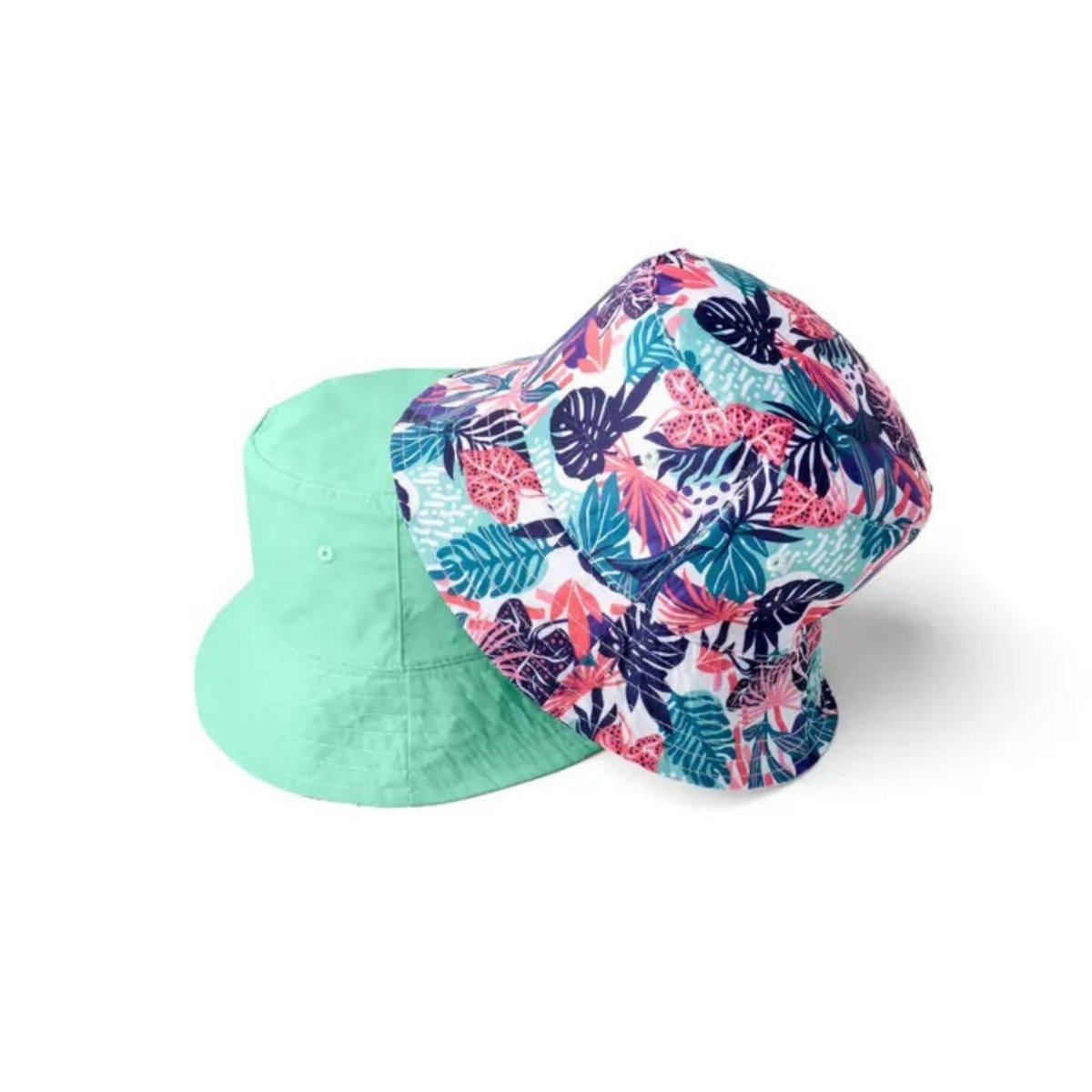 Child Reversible Bucket Hats in fun colors! Pink, Teal, and Navy hibiscus pattern reverses to solid light teal.- Little Gift Nook