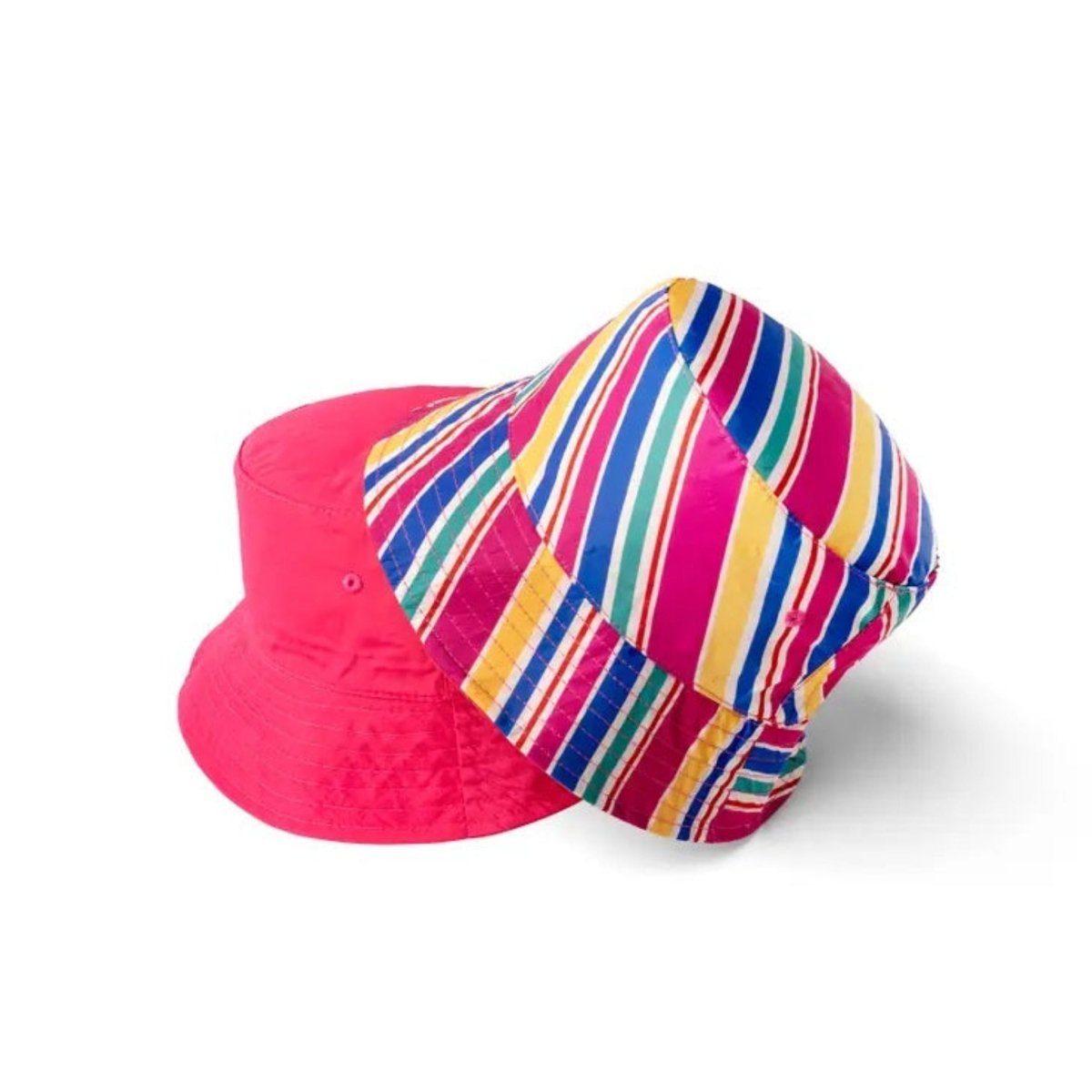 Child Reversible Bucket Hats in fun colors! Bright pink rainbow stripes and reverses to solid pink.- Little Gift Nook