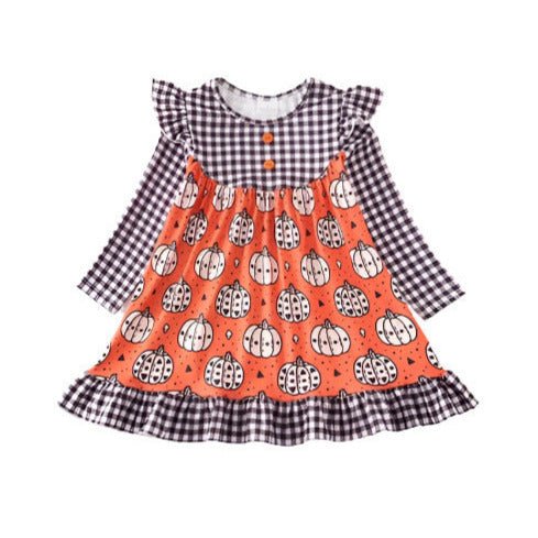 Halloween Plaid Pumpkin Ruffle Dress. Black white gingham pattern orange pumpkin print soft silky pull on dress. Little Gift Nook.