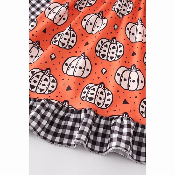 Halloween Plaid Pumpkin Ruffle Dress. Close up of orange pumpkin print pattern. - Little Gift Nook