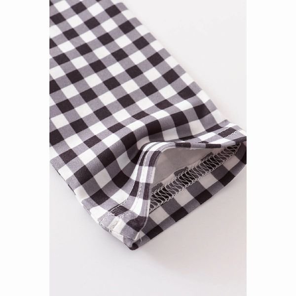 Halloween Plaid Pumpkin Ruffle Dress. Close up of black white gingham sleeve. - Little Gift Nook