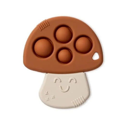 Itzy Pop Mushroom Teether - mushroom shaped with tan base and brown topper that has 3 bubbles to poke and pop - Little Gift Nook