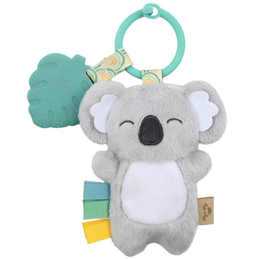IItzy Ritzy Pal Koala Plush Teether. Gray plush koala textured toy with taggies and green leaf silicone teether. - Little Gift Nook