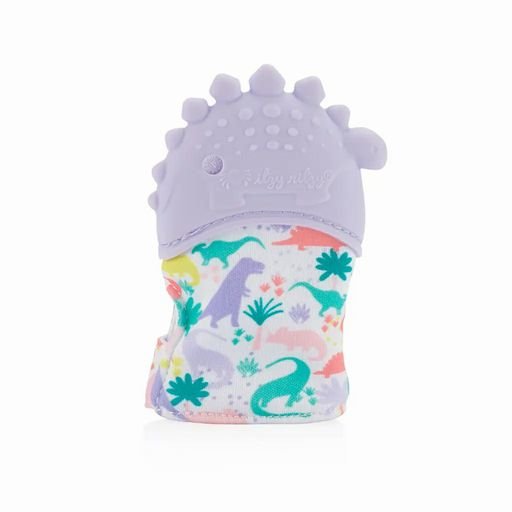Itzy Ritzy Lilac Dino Teething Mitt with textured mitt and silicone textured teether - Little Gift Nook