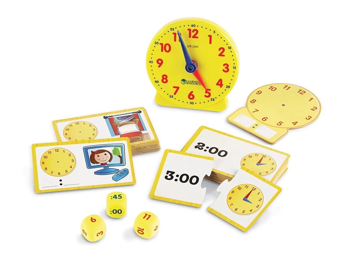 Learning Resources Time Activity Set with plastic clock, cardboard clock, dice, and flash cards - Little Gift Nook