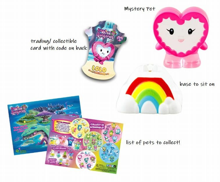 Lil Wish Lanterns Wishing Light Pack 1 Mystery Pet & Light Up Base! Inside each mystery box contains 1 mystery pet, light up base, collectible card, sheet, and map.- Little Gift Nook