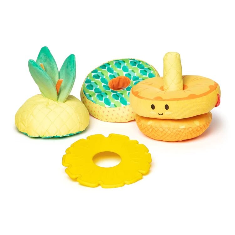 Melissa & Doug Pineapple Soft Stacker for baby. 5 piece set including base, 2 soft textured rings, hard teether piece, and soft topper with green leafs. - Little Gift Nook
