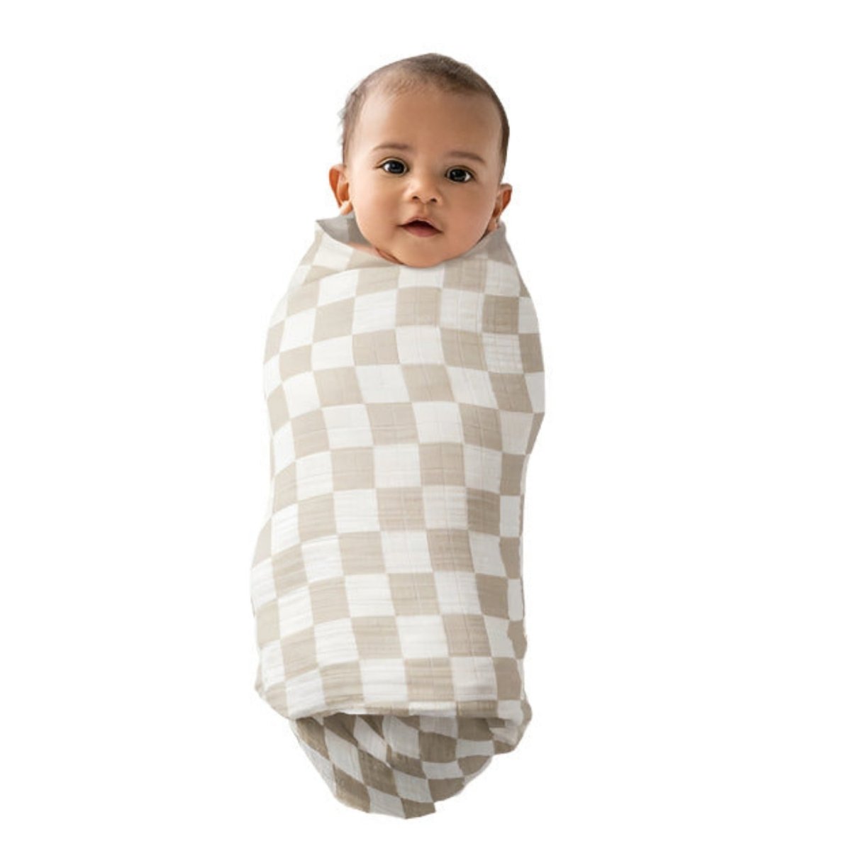 Nursing Cover & Swaddle Blanket in Tan. Tan White checkered pattern. Baby swaddled. - Little Gift Nook