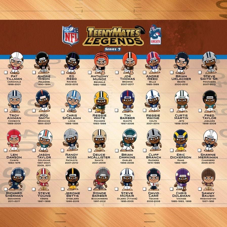 NFL Teenymates Legends Mystery Bag 2024- Series 2 ( 2024). List of potential NFL player figures you can get in the mystery bags. Collect all 32 plus rare figures.! - Little Gift Nook