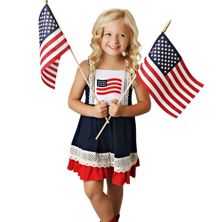 Navy, red, and white patriotic flag dress for girls, Fourth of July children’s boutique outfit, Little Gift Nook
