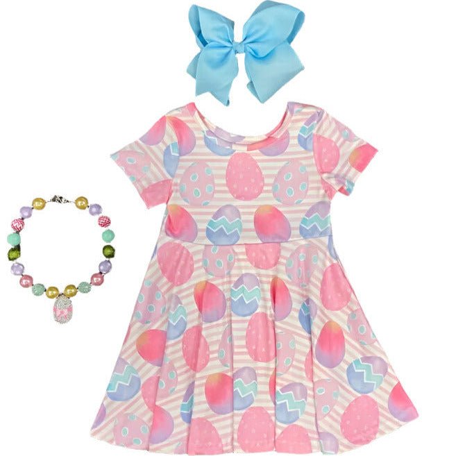 Pink Easter Egg Soft Twirl Dress. Pastel pink, blue, and purple Easter egg print white and pink striped dress. Buttery soft, stretchy. Accessories not included. - Little Gift Nook