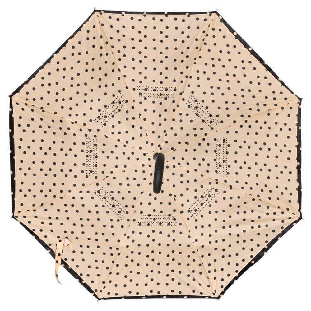 Polka Dot Reverse Open Inverted Umbrella. Inside underneath view. Folds upward so this pattern is shown. double layered, fast day. - Little Gift Nook