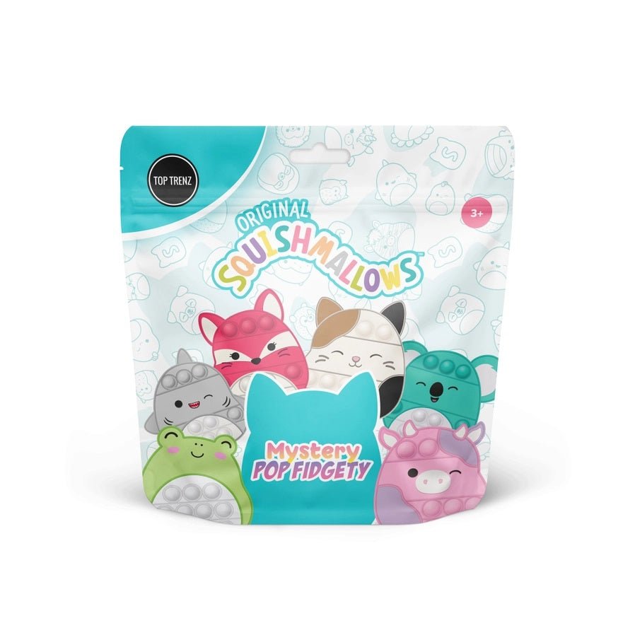 Pop Fidgety Squishmallows Mystery Blind Bag. Outside of package showing 6 different potential squishmallow character animals you can get inside. - Little Gift Nook