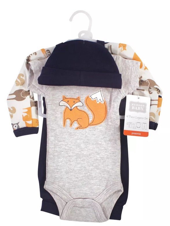Preemie Baby Orange Fox Outfit 4 piece layette set on hanger. - Little Gift Nook