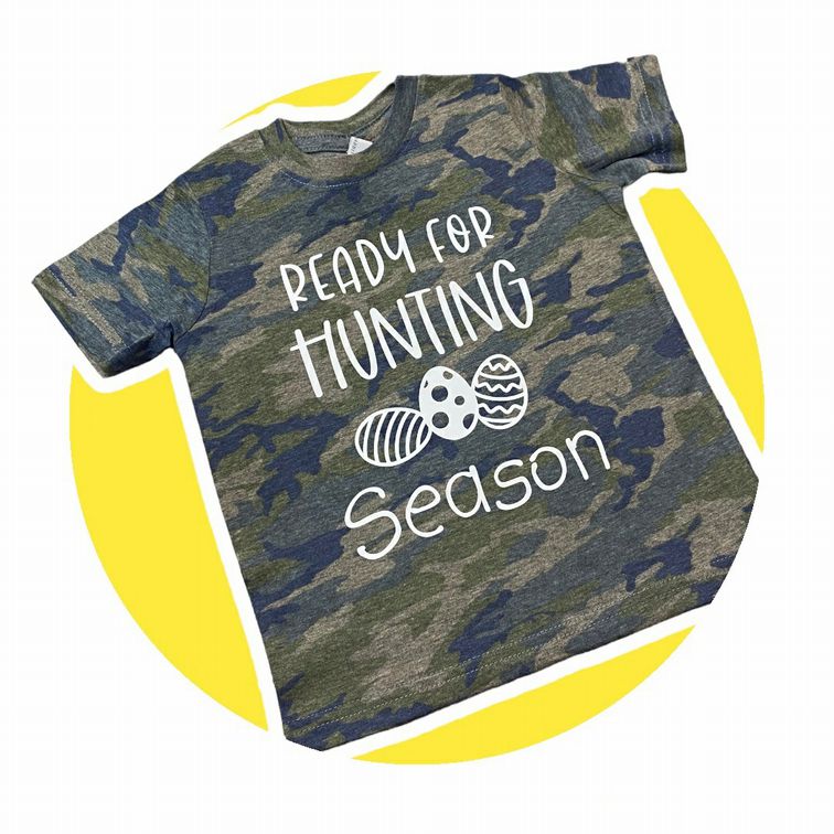 Ready For Hunting Season Easter Camo Tshirt for toddler and kids. Green Navy distressed camo tshirt with white Ready for Hunting Season and Easter Eggs on front. Little Gift Nook.