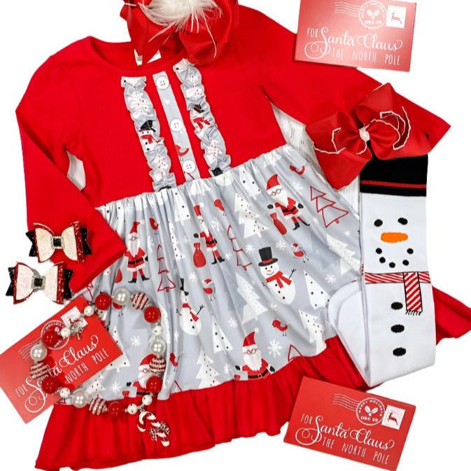 Jolly Red Snowman & Santa Boutique Dress. Gray red white snowman print ruffle dress. Accessories sold separately. - Little Gift Nook