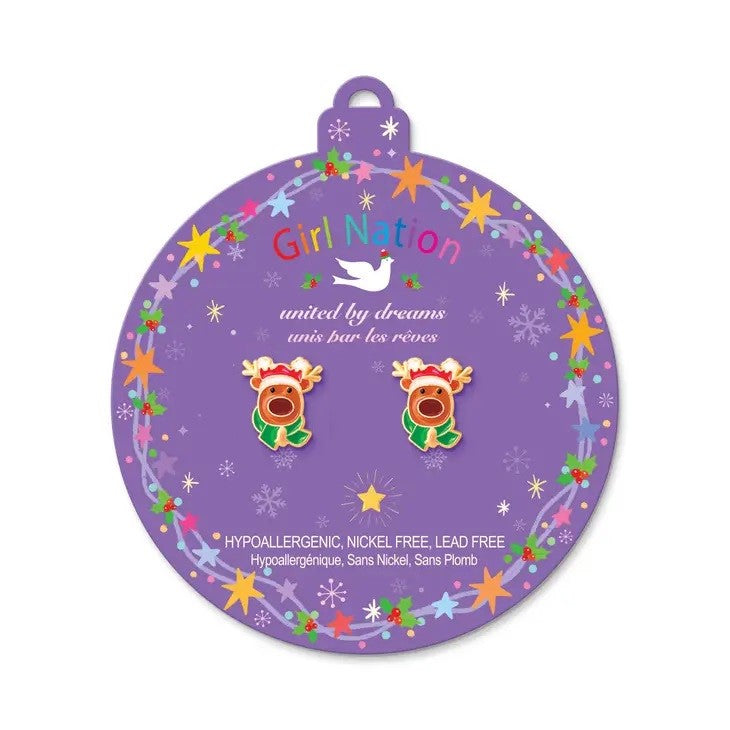 Reindeer Magic Pierced Earrings. Hypoallergenic, nickle, and lead free post earrings with little reindeer in santa hats and green scarves. - Little Gift Nook