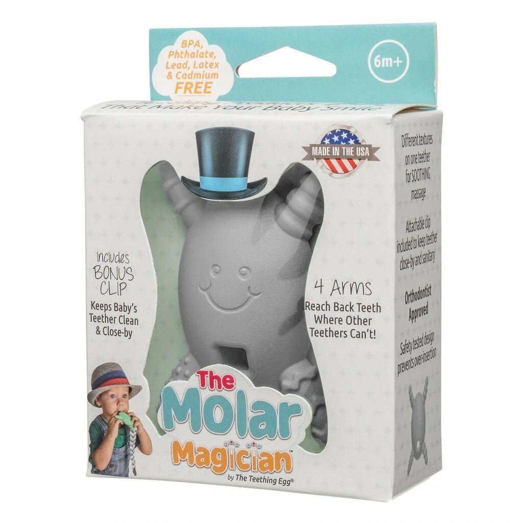 The Molar Magician Teether in Gray in package Little Gift Nook