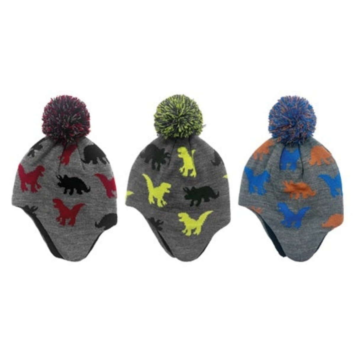 Boys Dinosaur Knit Toddler Winter Hats. 3 color patterns. Ear flaps. - Little Gift Nook