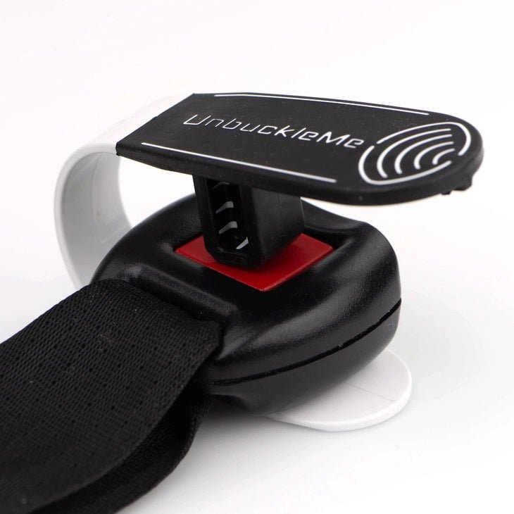 Unbuckle Me Car Seat Buckle Release device. Shows car seat belt and how the device works to open it.- Little Gift Nook