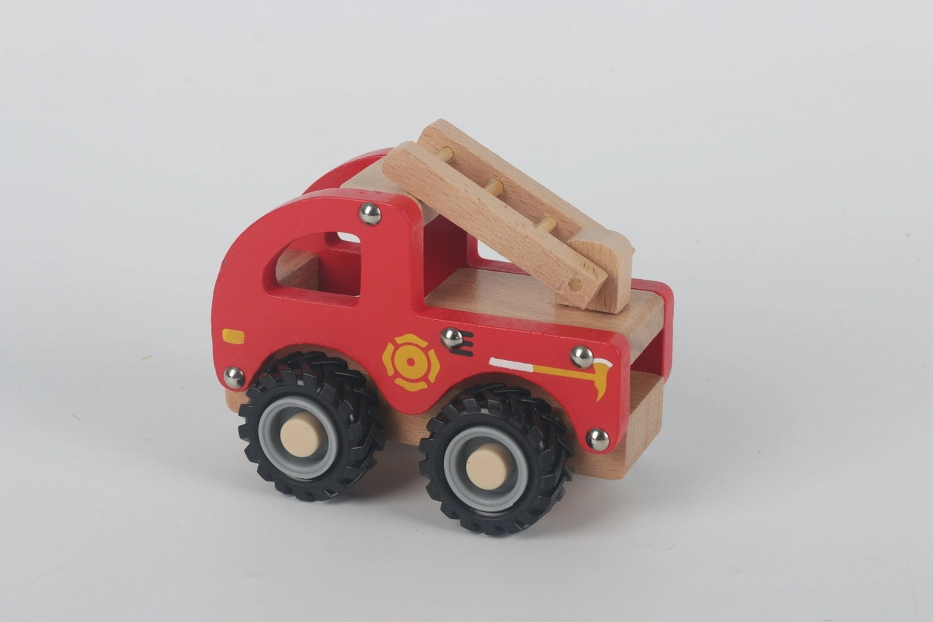 Wooden Fire Truck Toy Push Vehicle. Wooden red fire truck toy side view. - Little Gift Nook
