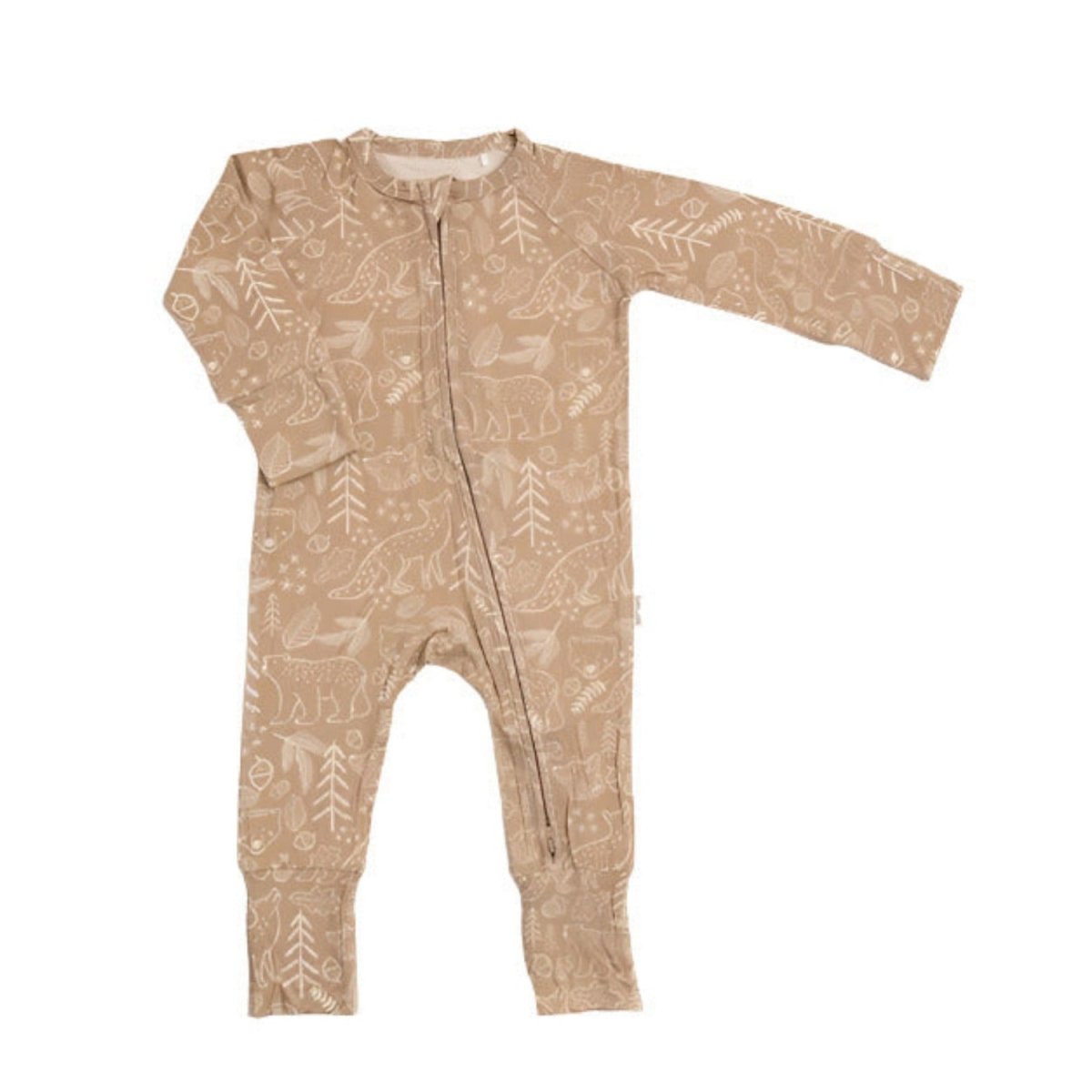 Woodland Animal Bamboo Baby Sleeper with fold over feet & hands. Tan sleeper with white animals and tree images. Double zipper. - Little Gift Nook
