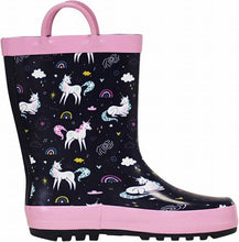 Load image into Gallery viewer, Navy Pink Unicorn Prink Waterproof Rain Boots with handles for kids. Stay dry in these fun boots!