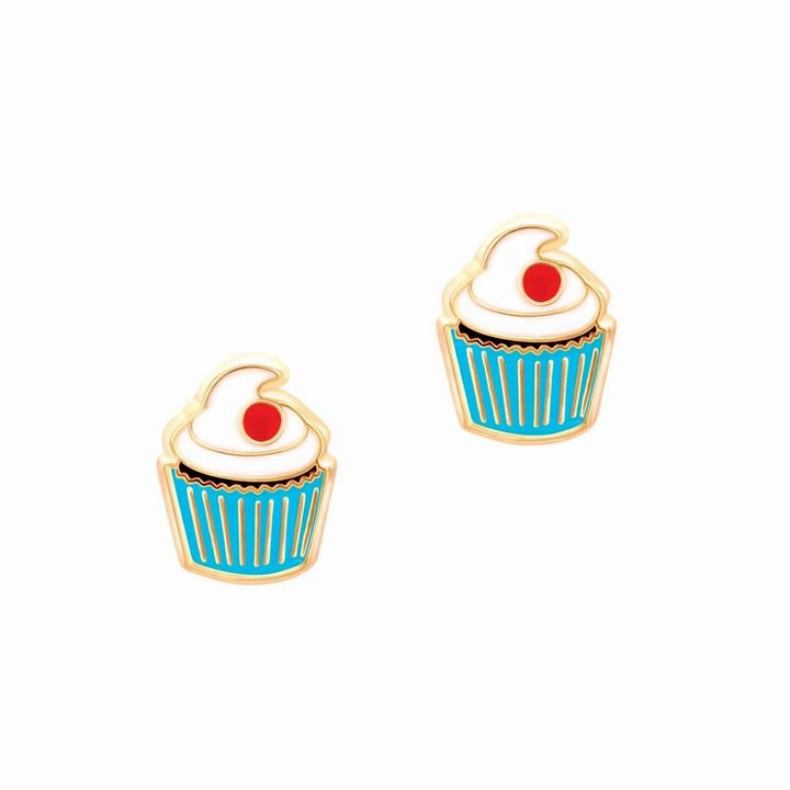 Cupcake pierced stud earrings with blue wrappers, white frosting, and red cherries sitting on a white background. Little Gift Nook