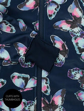 Load image into Gallery viewer, Girl&#39;s Navy Pink &amp; Purple Butterfly Print Raincoat close up with thumb cuffs.