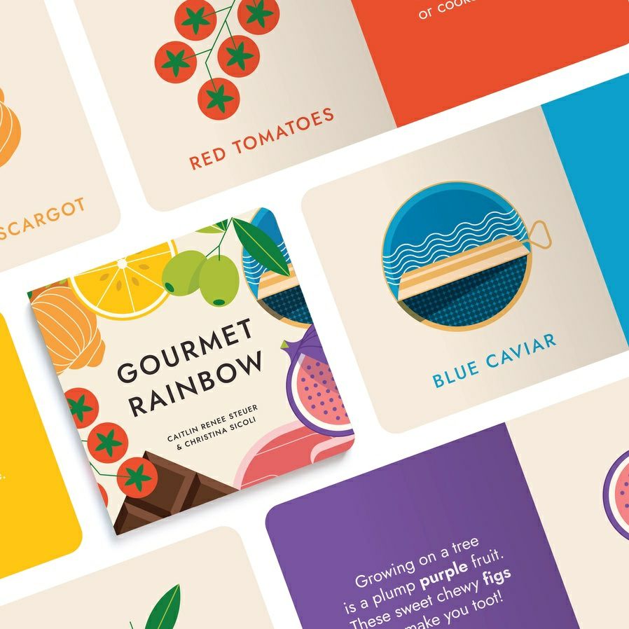 Gourmet Rainbow Board Book. Different pages with different colored foods and descriptions. - Little Gift Nook