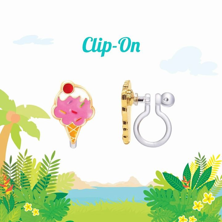 pink ice cream cone clip on earrings with cherry and sprinkles and silicone back on a cartoon jungle beach background. Little Gift Nook