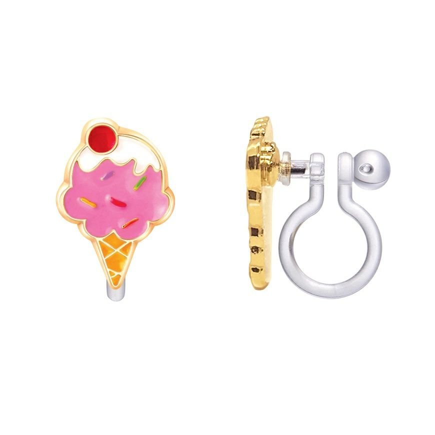 Pink sprinkles and cherry ice cream cone clip on earrings with silicone backs sitting on white background. Little Gift Nook.