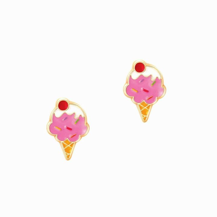 pink sprinkle with cherry ice cream cone pierced stud earrings on white background.