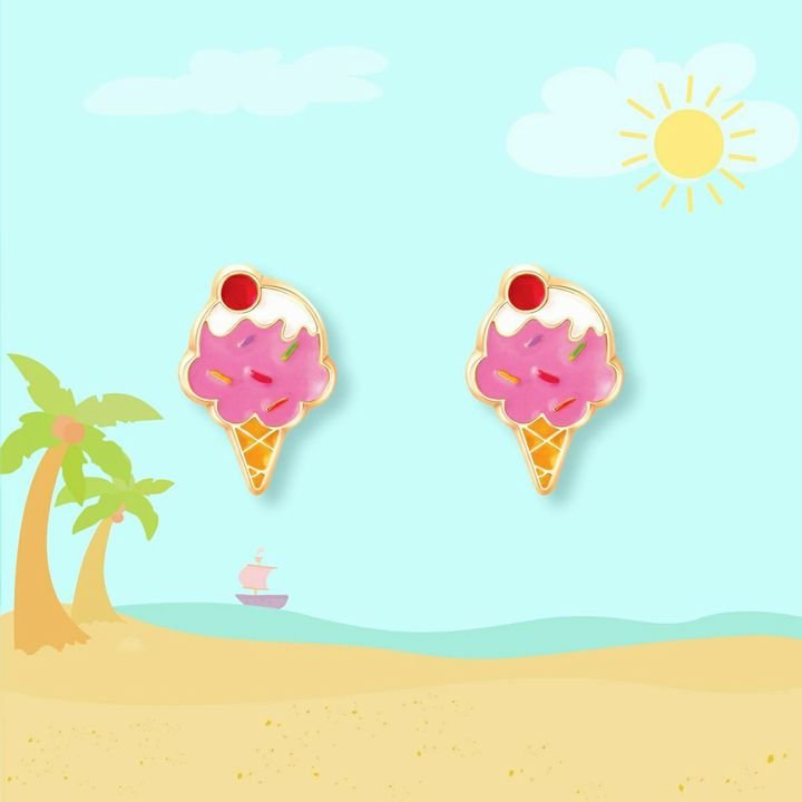 Ice Cream cone pierced stud earrings with sprinkles and cherry no top sitting on blue beach background. Little Gift Nook