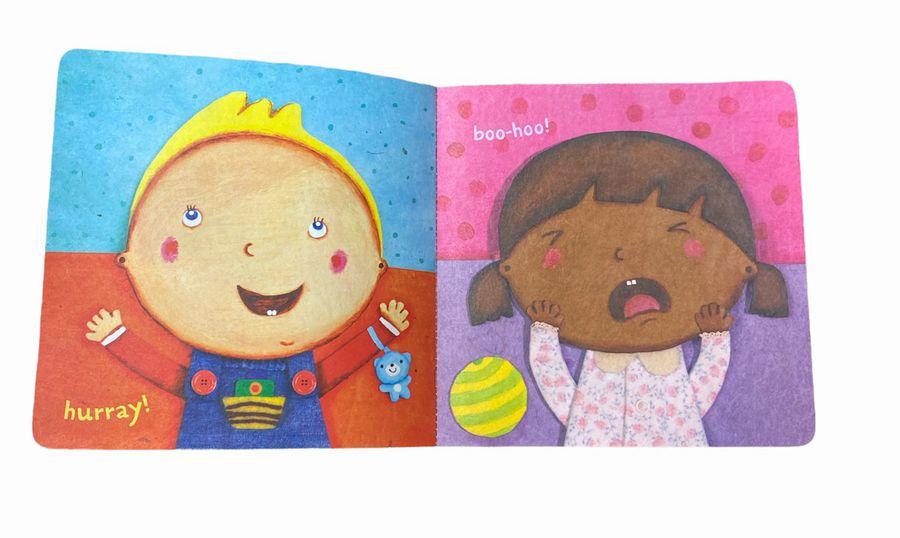 Indestructibles baby faces chew and rip proof book inside hurray and boo-hoo face pages sitting on white background.