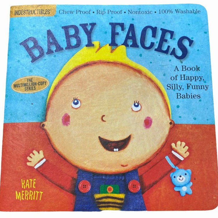 Indestructibles chew and rip proof baby Faces soft book cover on white background. Little Gift Nook
