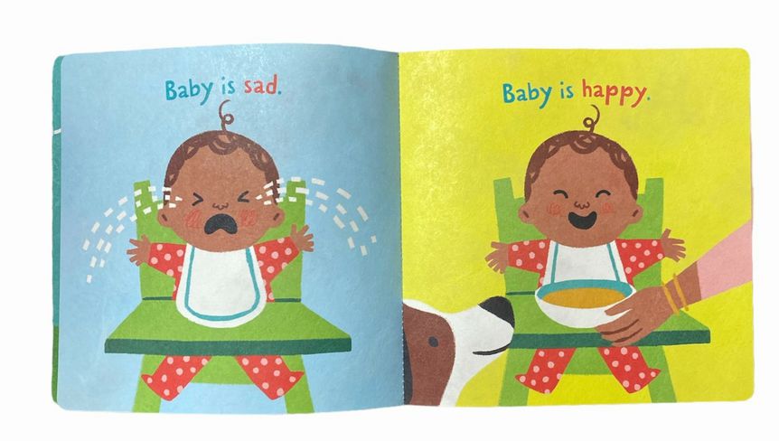 Inside the Big and Little Opposites chew proof rip proof indestructible baby book baby is sad baby is happy.