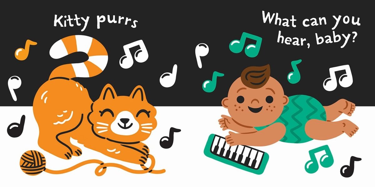 Inside pages of Indestructible Hear the Sounds Contrast baby book with kitty purrs and music notes.
