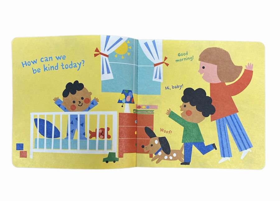 Inside Indestructible Let's Be Kind baby book with mom, child, and baby.