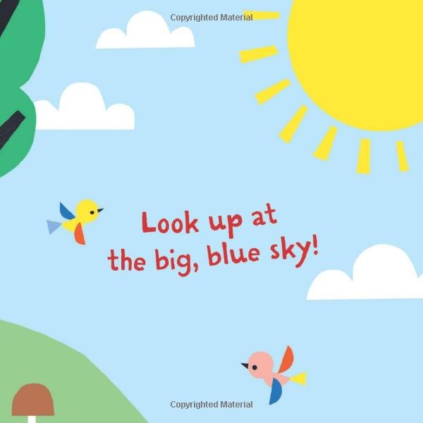 Inside Indestructible Let's Go Outside Chew Proof, Rip Proof baby book with blue sky and birds.