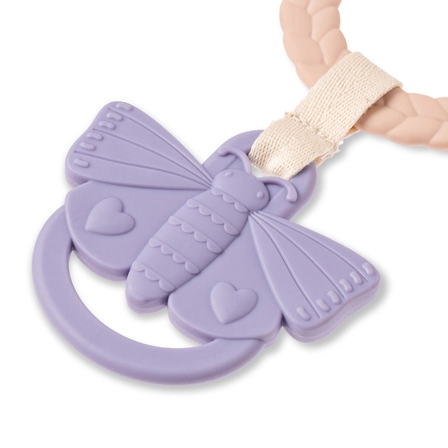 Close up of Itzy Ritzy Busy Ring purple butterfly silicone teether.